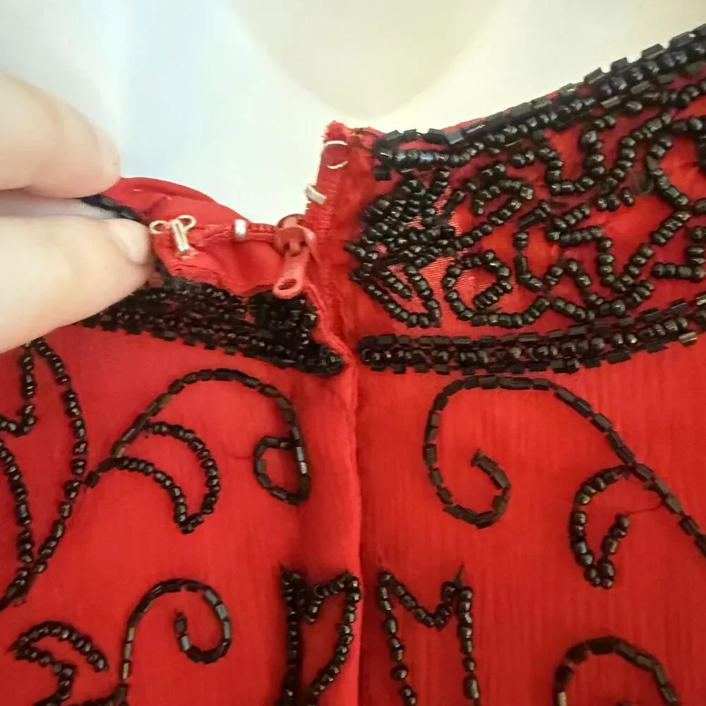Vintage Stenay Red Silk Beaded Top | L | Holiday Party & Cocktail Blouse - Picture 10 of 13